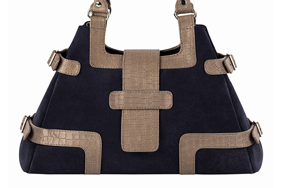 Dress handbag in midnight blue and bronze beige leather - Profile view